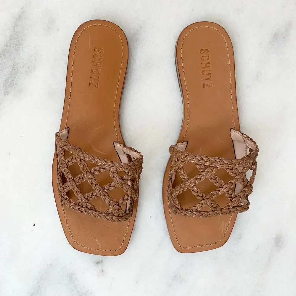 NEW Schutz Ericka Leather Braided Woven Slide Sandal Shoe Wood Size 6.5